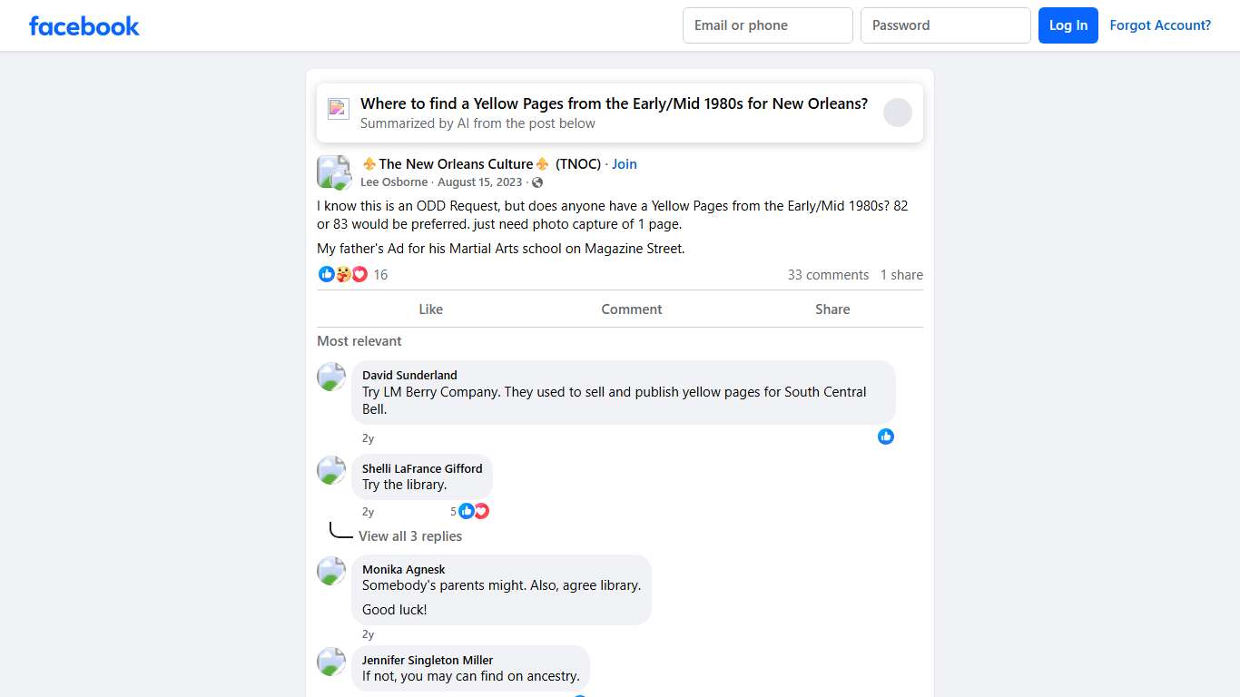 ⚜️The New Orleans Culture⚜️ (TNOC) I know this is an ODD Request, but does anyone have a Yellow Pages from the Early/Mid 1980s Facebook